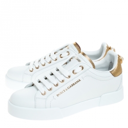 Dolce and Gabbana White/Gold Leather Portofino Pearl Embellished Low Top Sneakers Size 36.5