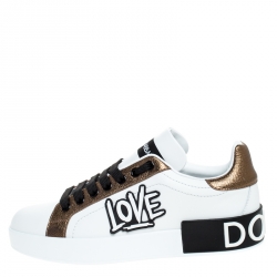 Dolce and Gabbana White/Gold Leather Portofino Low Top Sneakers Size 39