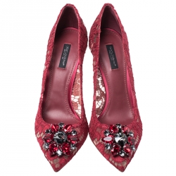 Dolce and Gabbana Red Crystal Embellished Lace Belluci Pumps Size 39