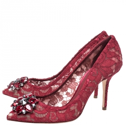 Dolce and Gabbana Red Crystal Embellished Lace Belluci Pumps Size 39