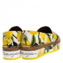 Pre Owned Dolce & Gabbana Yellow/Green Lemon Print Fabric Platform Espadrille Flats Size 39