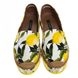 Pre Owned Dolce & Gabbana Yellow/Green Lemon Print Fabric Platform Espadrille Flats Size 39