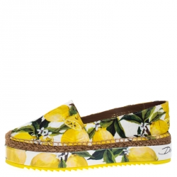 Pre Owned Dolce & Gabbana Yellow/Green Lemon Print Fabric Platform Espadrille Flats Size 39