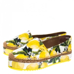 Pre Owned Dolce & Gabbana Yellow/Green Lemon Print Fabric Platform Espadrille Flats Size 39