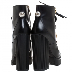 Pre Owned Dolce and Gabbana Black Leather Embellished Biker Platform Block Heel Boots Size 37