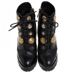 Pre Owned Dolce and Gabbana Black Leather Embellished Biker Platform Block Heel Boots Size 37