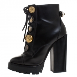 Pre Owned Dolce and Gabbana Black Leather Embellished Biker Platform Block Heel Boots Size 37