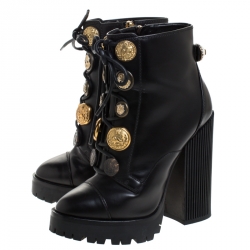 Pre Owned Dolce and Gabbana Black Leather Embellished Biker Platform Block Heel Boots Size 37