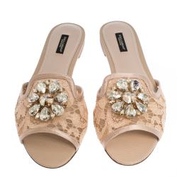 مملوكة مسبقًا Dolce & Gabbana Pink Lace Jeweled Embellishment Flat Slides Size 40