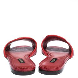 Pre Owned Dolce & Gabbana Red Lizard Embossed Leather Flat Slides Size 38.5
