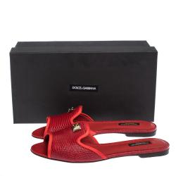 Pre Owned Dolce & Gabbana Red Lizard Embossed Leather Flat Slides Size 38.5