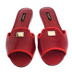 Pre Owned Dolce & Gabbana Red Lizard Embossed Leather Flat Slides Size 38.5
