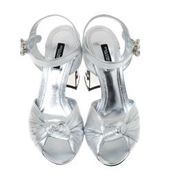 مملوكة مسبقًا Dolce & Gabbana Silver Leather Knot Detail Ankle Strap Mirrored Block Heel Sandals Size 38