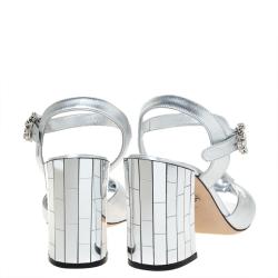 مملوكة مسبقًا Dolce & Gabbana Silver Leather Knot Detail Ankle Strap Mirrored Block Heel Sandals Size 38