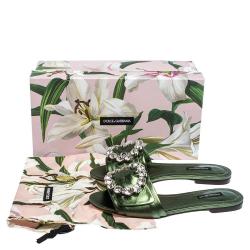Pre Owned Dolce & Gabbana Green Leather Jeweled Embellished Flat Slides Size 37