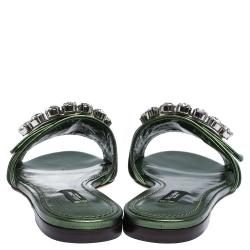 Pre Owned Dolce & Gabbana Green Leather Jeweled Embellished Flat Slides Size 37