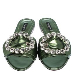 Pre Owned Dolce & Gabbana Green Leather Jeweled Embellished Flat Slides Size 37