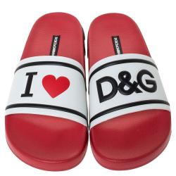 Pre Owned Dolce & Gabbana Red/White Leather and Rubber Slides Size 37