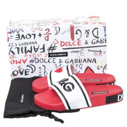 Pre Owned Dolce & Gabbana Red/White Leather and Rubber Slides Size 37
