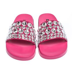مملوكة مسبقًا Dolce & Gabbana Fuchsia Leather Rhinestone Embellishment Slides Size 39