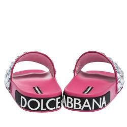 مملوكة مسبقًا Dolce & Gabbana Fuchsia Leather Rhinestone Embellishment Slides Size 39