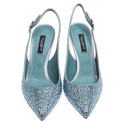 Dolce & Gabbana Light Blue Satin Crystals Slingback Pointed Toe Pumps Size 37