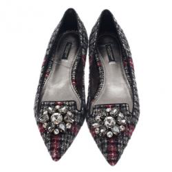 Pre Owned Dolce and Gabbana Crystal Embellished Tweed Ballet Flats Size 40
