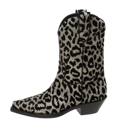 Pre Owned Dolce and Gabbana Black/Grey Shimmering Leopard Laurex Fabric Cowboy Boots Size 37