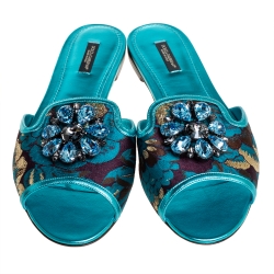 Pre Owned Dolce & Gabbana Metallic Blue Brocade Fabric And Leather Sofia Crystal Embellished Flat Slides Size 41