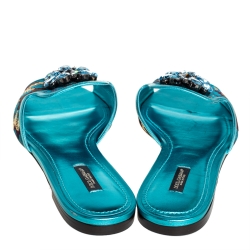 Pre Owned Dolce & Gabbana Metallic Blue Brocade Fabric And Leather Sofia Crystal Embellished Flat Slides Size 41