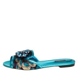 Pre Owned Dolce & Gabbana Metallic Blue Brocade Fabric And Leather Sofia Crystal Embellished Flat Slides Size 41