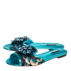 Pre Owned Dolce & Gabbana Metallic Blue Brocade Fabric And Leather Sofia Crystal Embellished Flat Slides Size 41