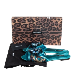 Pre Owned Dolce & Gabbana Metallic Blue Brocade Fabric And Leather Sofia Crystal Embellished Flat Slides Size 41
