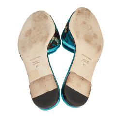 Pre Owned Dolce & Gabbana Metallic Blue Brocade Fabric And Leather Sofia Crystal Embellished Flat Slides Size 41