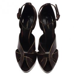 Pre Owned Dolce and Gabbana Brown Leather Ankle Strap Platform Sandals Size 40