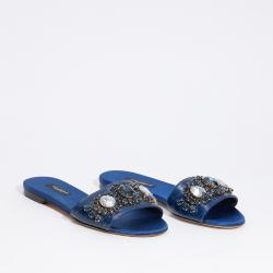 Pre Owned Dolce & Gabbana Blue Leather/Textile Stone Embellished Slip-on Sandals Size EU 36