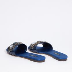 Pre Owned Dolce & Gabbana Blue Leather/Textile Stone Embellished Slip-on Sandals Size EU 36