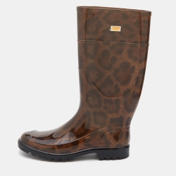 Pre Owned Dolce & Gabbana Brown Leopard Print Rubber Wellington Rain Boots Size 38