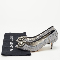 Pre Owned Dolce & Gabbana Grey Lace Crystal Embellished Bellucci Pumps Size 37.5