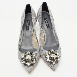 Pre Owned Dolce & Gabbana Grey Lace Crystal Embellished Bellucci Pumps Size 37.5