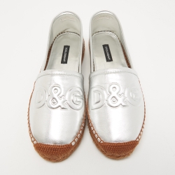 Pre Owned Dolce & Gabbana Silver Leather Espadrille Flats Size 37