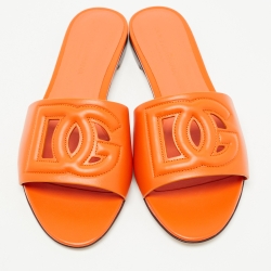 Pre Owned Dolce & Gabbana Orange Leather DG Cut Out Logo Flat Slides Size 37