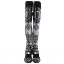Dolce And Gabbana Grey Metallic Brocade, Leather And Velvet Over The Knee Boots Size 39