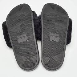 Pre Owned Dolce & Gabbana Black Fur Logo Print Slides Size 37