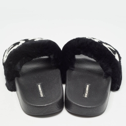 Pre Owned Dolce & Gabbana Black Fur Logo Print Slides Size 37