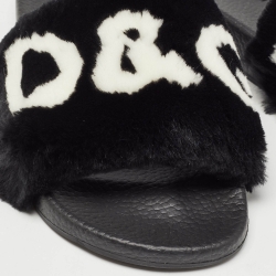 Pre Owned Dolce & Gabbana Black Fur Logo Print Slides Size 37