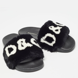Pre Owned Dolce & Gabbana Black Fur Logo Print Slides Size 37