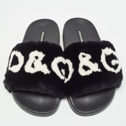 Pre Owned Dolce & Gabbana Black Fur Logo Print Slides Size 37