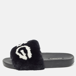 Pre Owned Dolce & Gabbana Black Fur Logo Print Slides Size 37