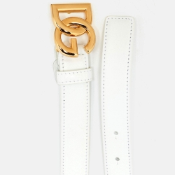 Pre Owned Dolce & Gabbana White Leather DG Logo Slim Belt 80CM